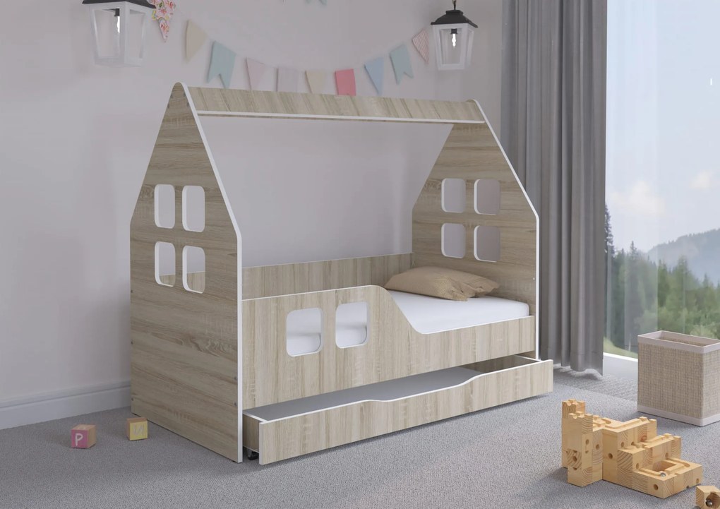 Wooden Toys Detská posteľ DOMEK SONOMA so zásuvkou 140x70 (vľavo)