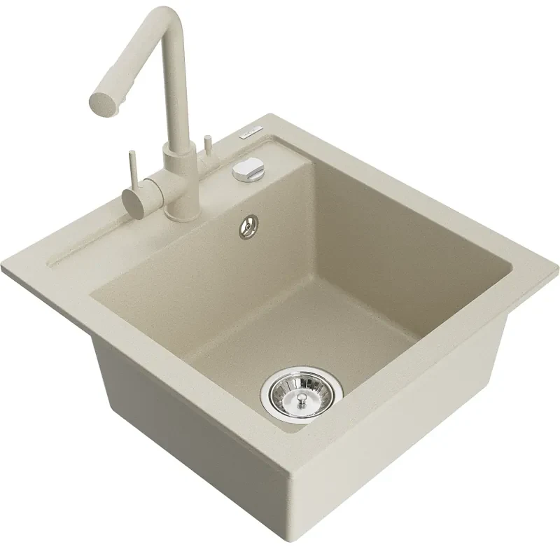 Mexen Vito, 1-komorový granitový drez 520x490x210 mm, béžová batéria Duero, béžová, 6503-69-671600-69