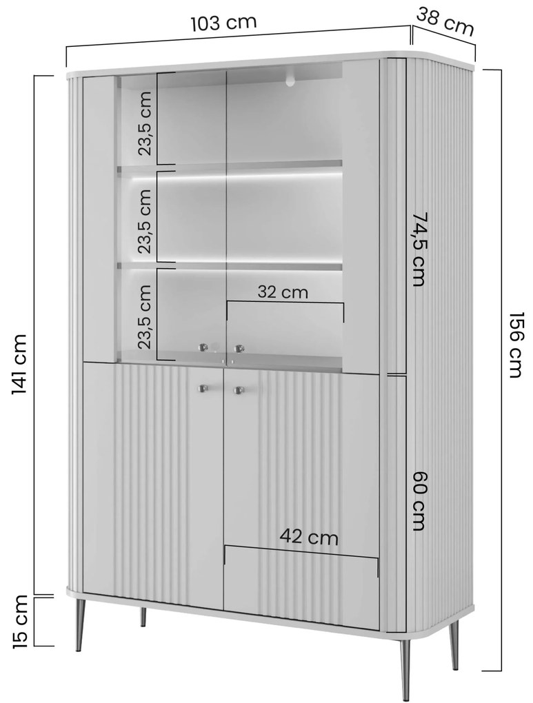 Vitrína Vesper 103 cm štvordverová - kašmír / orech / čierne nohy