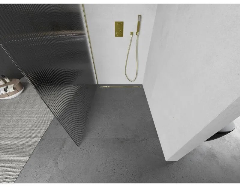Mexen Kioto, sprchová zástena Walk-In 140 x 200 cm, 8mm sklo s rebrovým vzorom, zlatý matný profil, 800-140-101-55-09