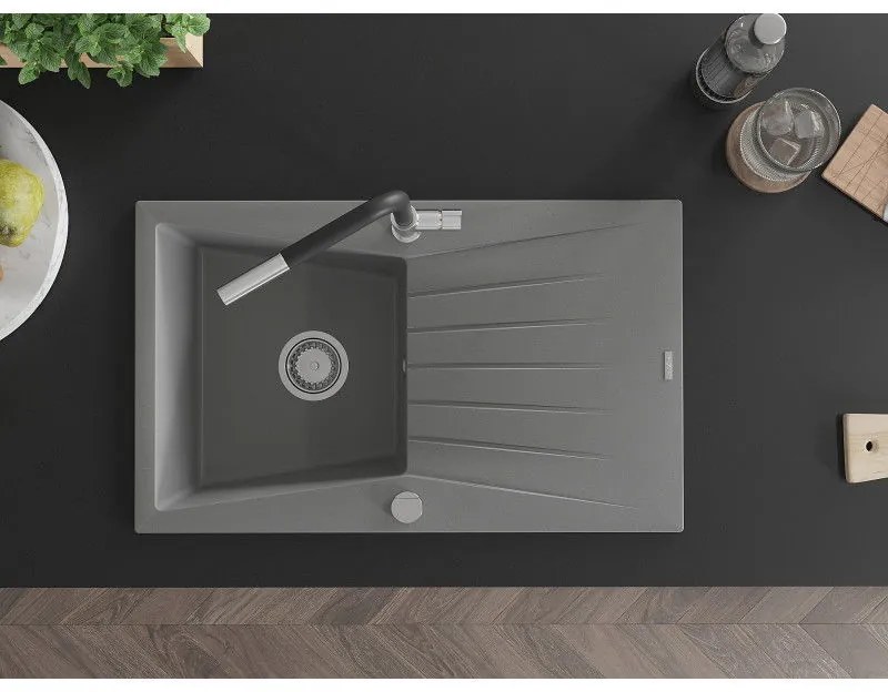 Mexen Cesar, 1-komorový granitový drez 775x470x190 mm a drezová batéria Flora, šedá, 6514-71-670401-07