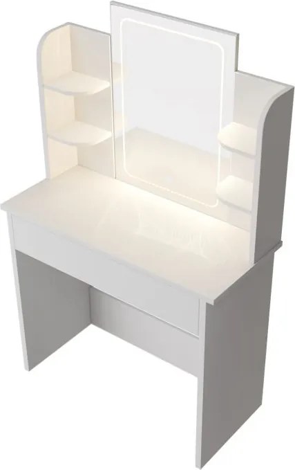 Biely toaletný stolík Zoey s LED zrkadlom a úložnými policam