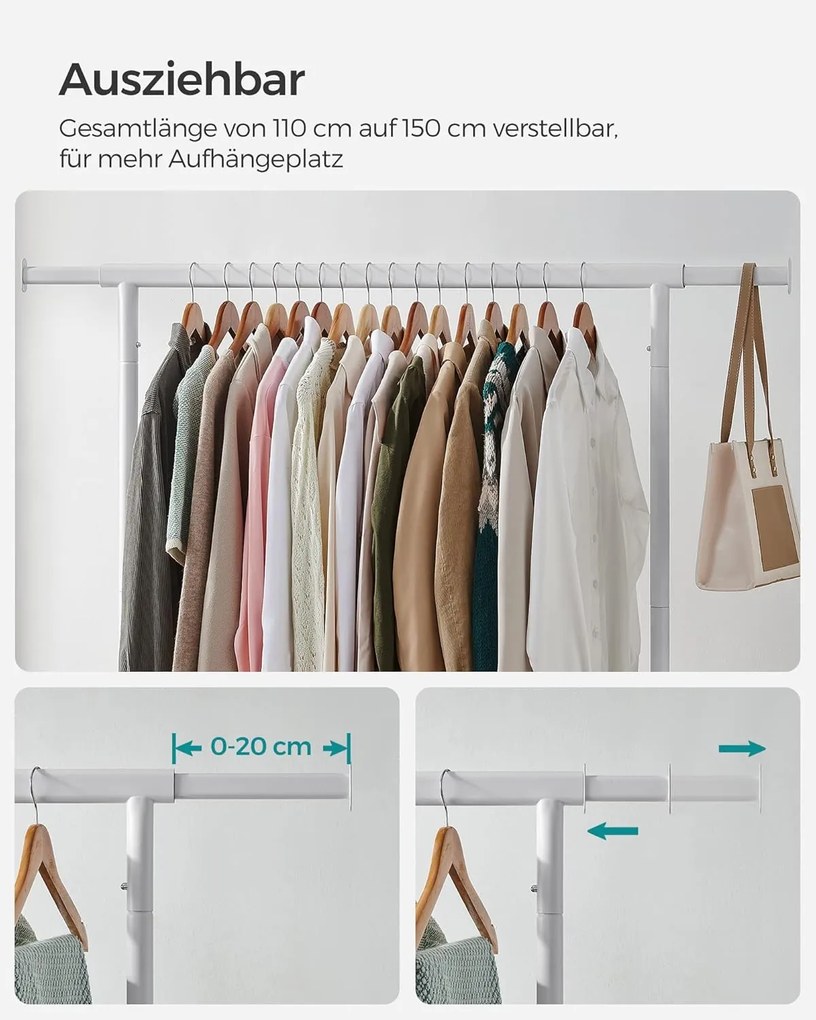 SONGMICS mobilný vešiak na oblečenie, vysúvacia šatníková tyč, max. 130 kg nosnosť, matná biela