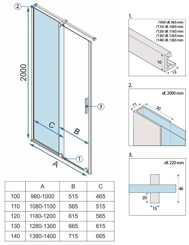 Rea Montana, posuvne sprchové dvere do otvoru 100x200, 6mm číre sklo, zlatý matný profil, KPL-K6389