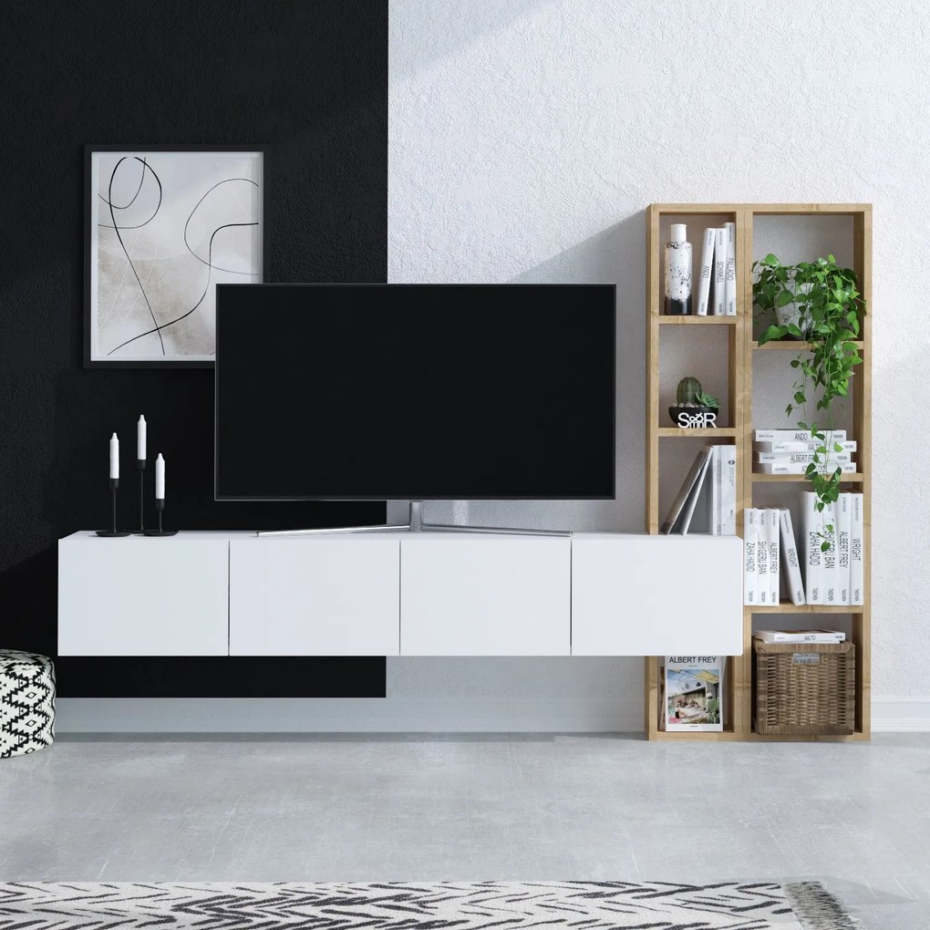 TV stolík/skrinka Panda 1 (Biela + Dub). Akcia -22%. Vlastná spoľahlivá doprava až k Vám domov. 1073376