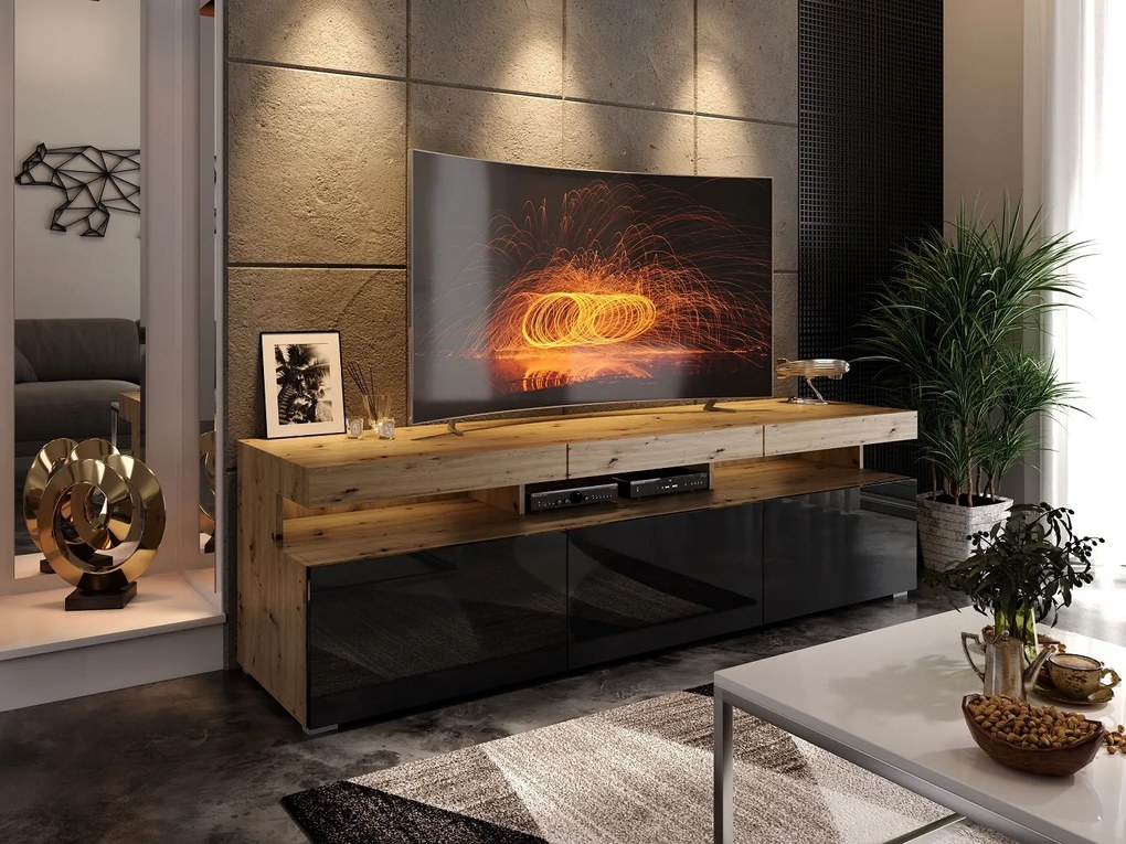 TV STOLÍK ALEX LED ČIERNY VYSOKÝ LESK + DUB ARTISAN 180 cm