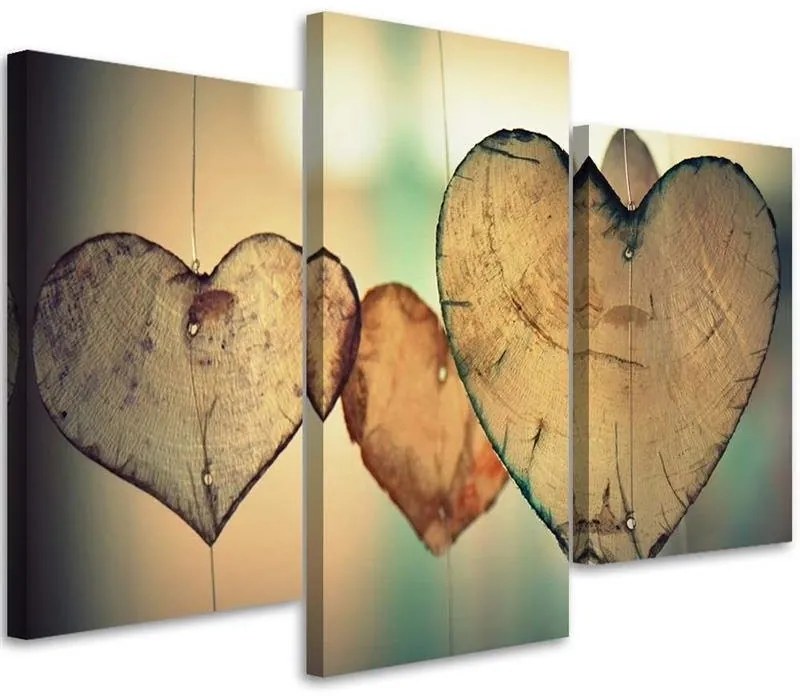 Obraz na plátně třídílný Srdce Wood Love Retro - 60x40 cm