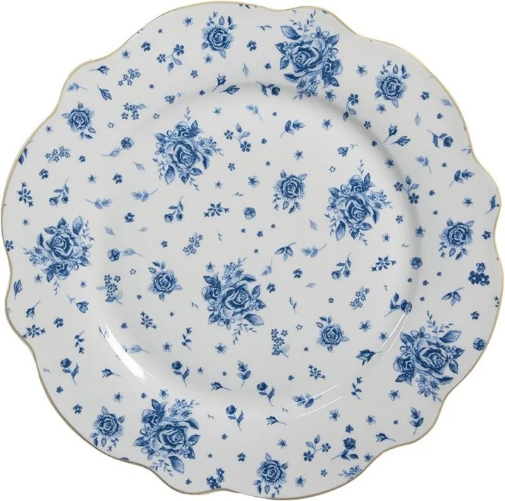 Biely jedálenský tanier s modrými ružičkami Blue Rose Blooming - Ø 27*2 cm