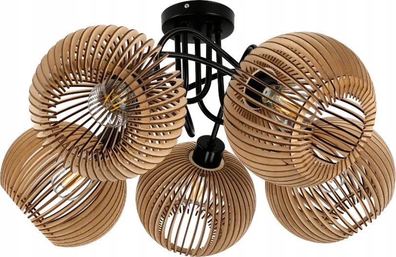 Drevená LED stropná lampa na zavesenie 5xE27 pre krásnu a priestrannú miestnosť