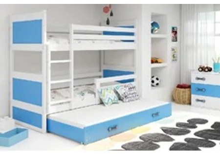 Detská poschodová posteľ s výsuvnou posteľou RICO 200x90 cm Modrá Biela
