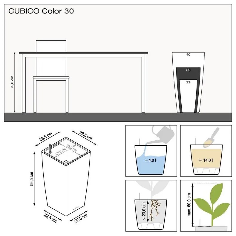 Kvetináč Lechuza Cubico Trend 30/56 biela matná komplet set