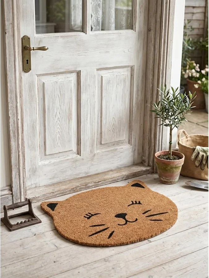 Hnedá kokosová rohožka v tvare hlavy mačky Cat - 75*45*1 cm