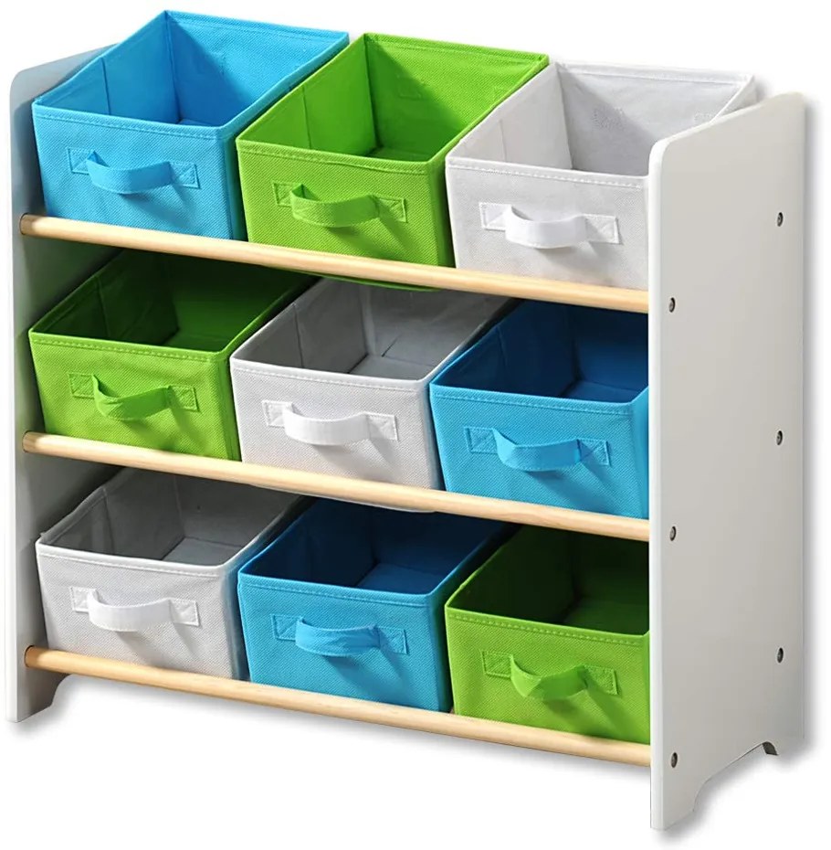Dětský regál, organizér na hračky s 9 úložnými boxy, modro-zelený