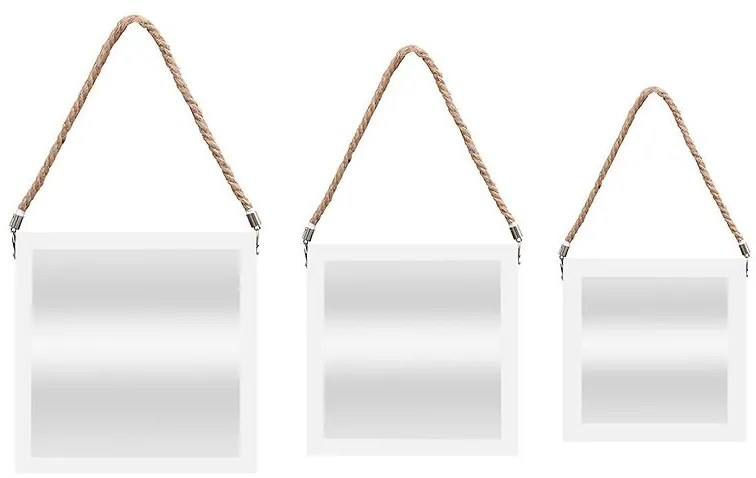 Súprava ozdobných štvorcových zrkadiel na šnúrke 3 ks biely rám