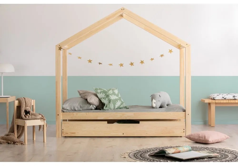 Domčeková detská posteľ s výsuvným lôžkom s úložným priestorom s roštom v prírodnej farbe 90x190 cm RM – Adeko