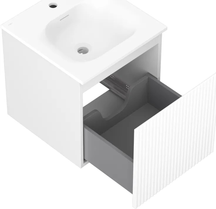 Mexen Rivel, kúpeľňová skrinka 45 cm s umývadlom Vela, 1 zásuvka, drážkovaná, biela matná, 91A20-04547-1-BF01-W23M01