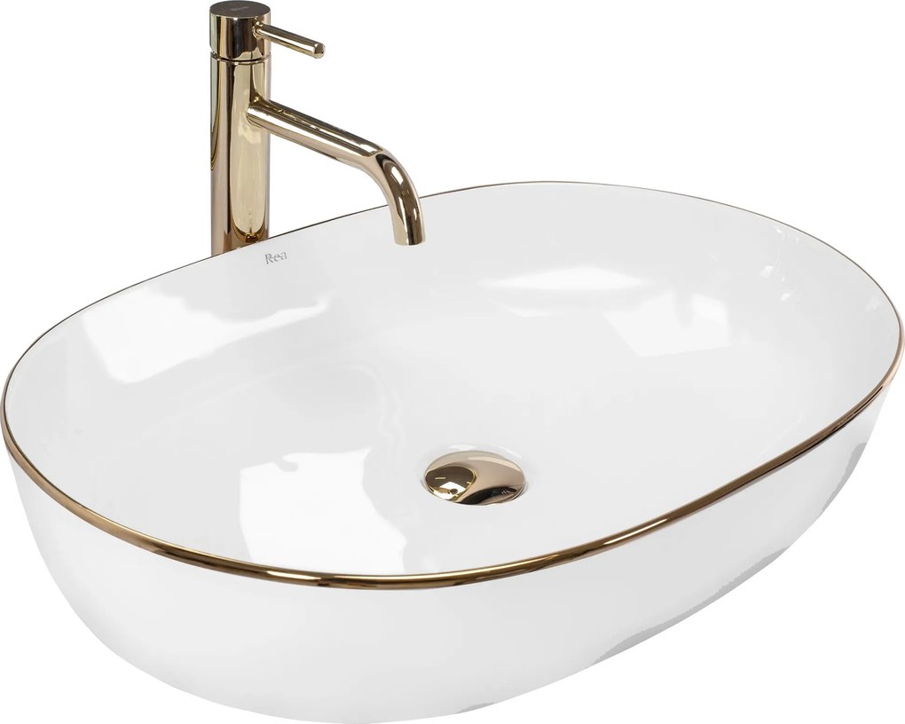 Rea Cleo, umývadlo na dosku 605x410x140mm, biela so zlatým okrajom, REA-U6211