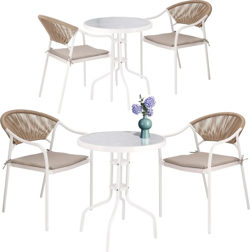 JU Balkónová súprava: 2 stoličky, stolík, rozmery stoličiek 55 x 61 x 85 cm, rozmery stolíka 60 x 60 x 70 cm, biela, prírodná