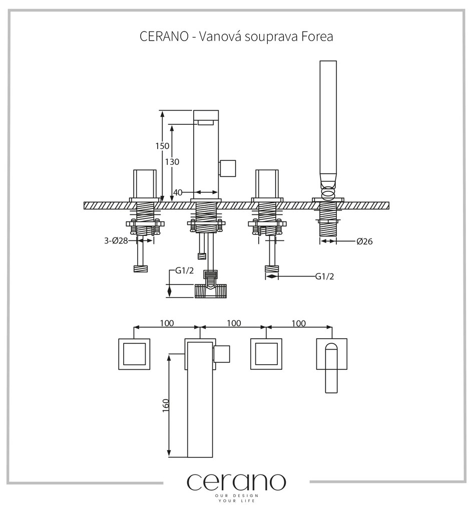 Cerano Forea, 4-otvorová vaňová batéria, čierna matná, CER-CER-424339
