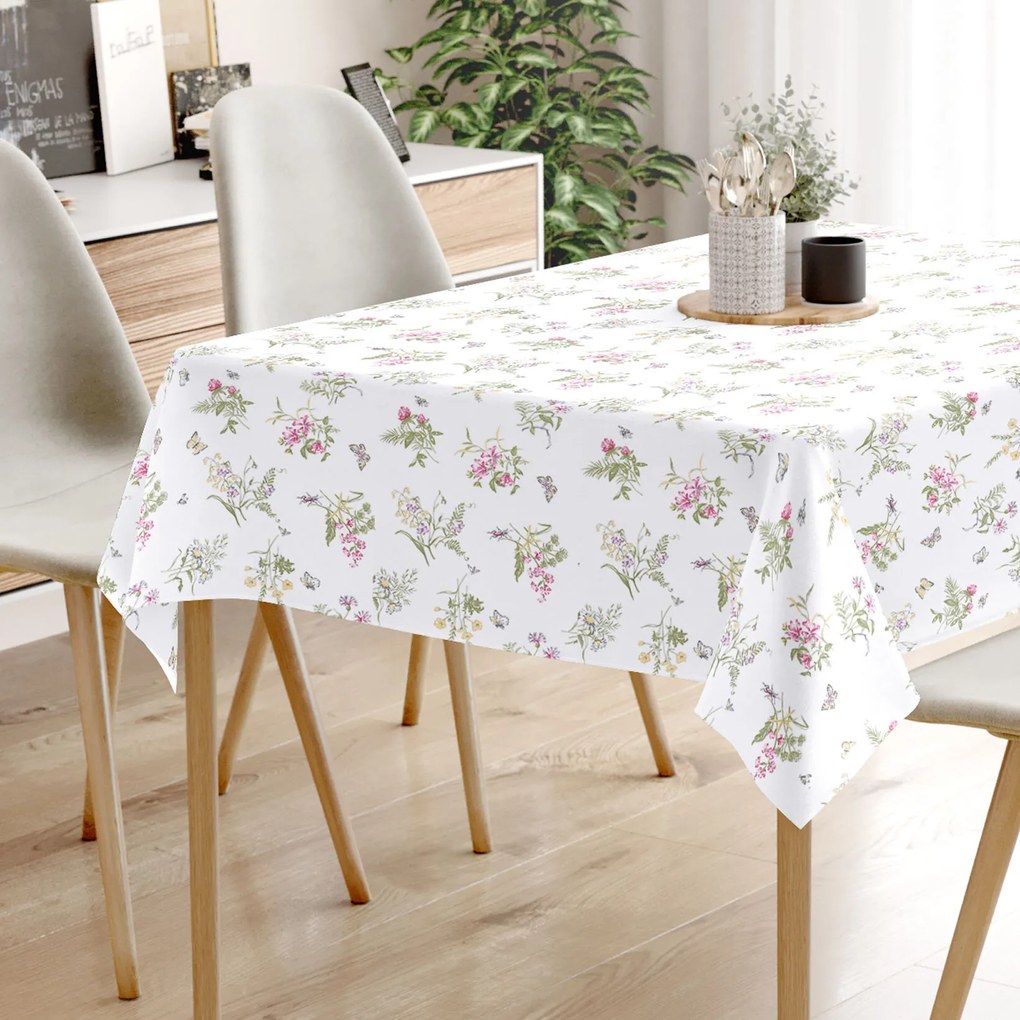 Goldea hranatý obrus 100% bavlnené plátno - farebné lúčne kvety na bielom 120 x 160 cm