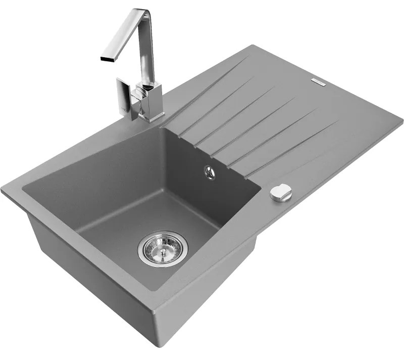Mexen Cesar, granitový drez 775x470x190 mm, 1-komorový, šedá s chrómovým sifónom a chrómová drezová batéria Rita, 6514-71-670300-00