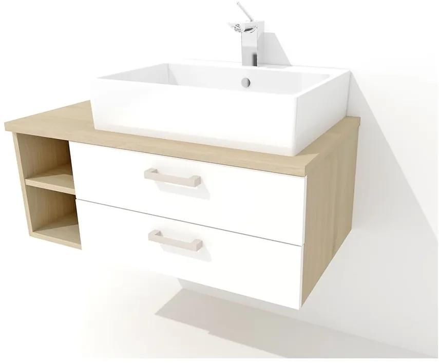 Nabytekmorava Závesná kúpeľňová skrinka pod umývadlo K43 so šuplíkmi farba korpusu: Agát, farba dvierok: Bielá lesk