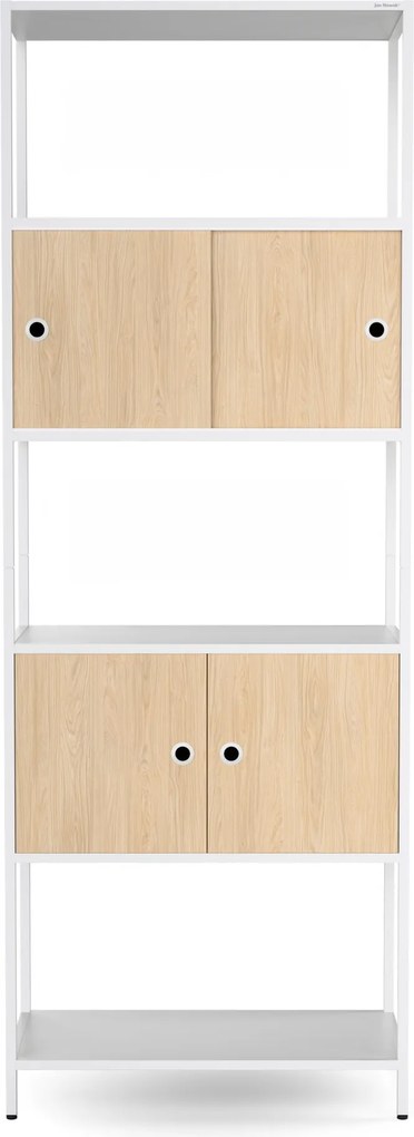Regál na šanóny s uzamykateľnou skrinkou, kancelársky, otvorené police, kovový biely/dub sonoma, 800x2200x400 mm: ARIEL Eco Design