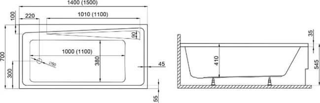 Polimat Akrylátová obdĺžniková vaňa Elza 140x70 (150x70, 160x75, 170x75) POLIMAT-Farba: Biela, POLIMAT-Rozmery: 170x75