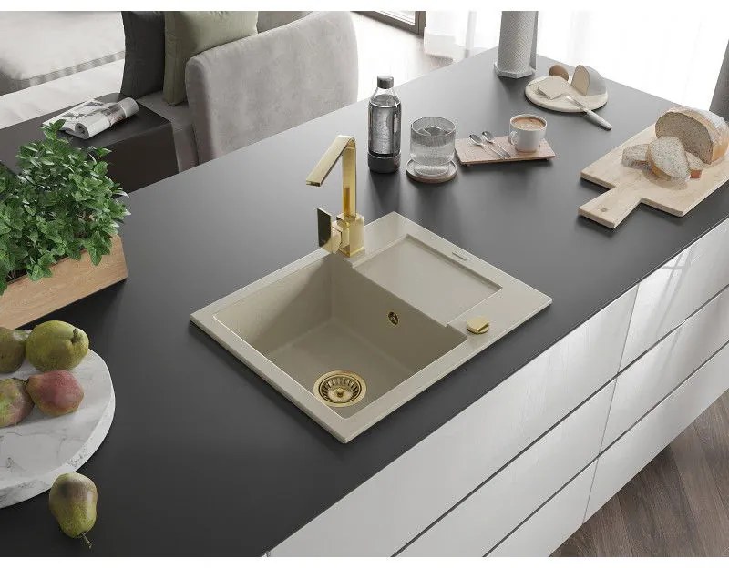 Mexen Enzo, granitový drez 576x465x174 mm, 1-komorový, zlatá batéria Rita, béžová, 6506-69-670300-50