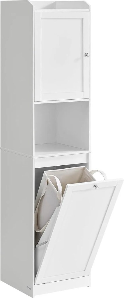 Vysoká kúpeľňová skrinka s košom na bielizeň, odnímateľný kôš na bielizeň, biely