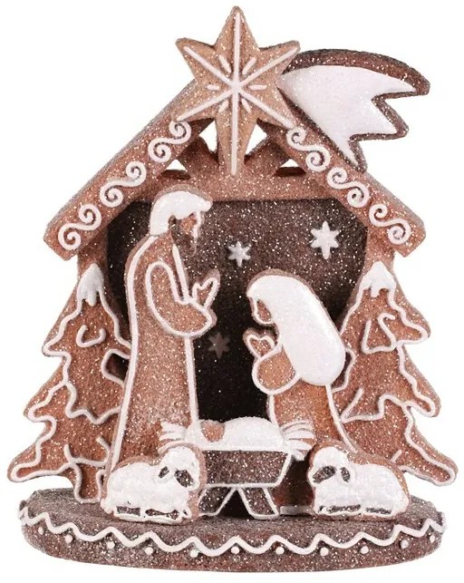 Vianočná dekorácia perníkový Betlehem, polyresin, LED, hnedá