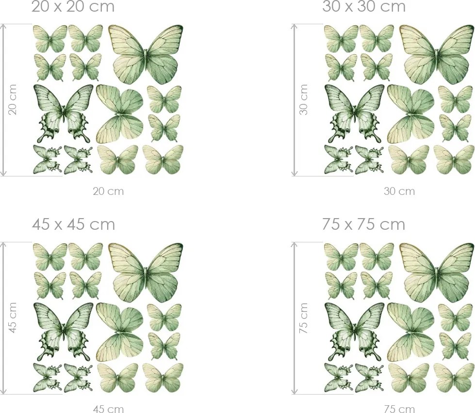 Zelení motýle 13 ks textilné prilepiteľné nálepky na stenu arch 20 x 20 cm