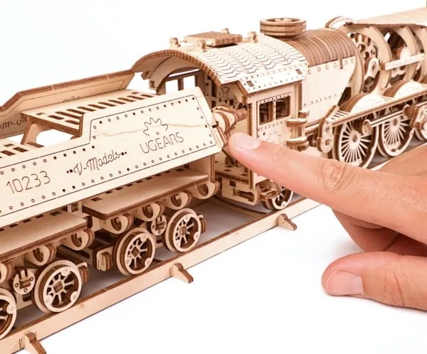 Ugears - 3D drevenené mechanické puzzle V-Express parná lokomotíva s tendrom