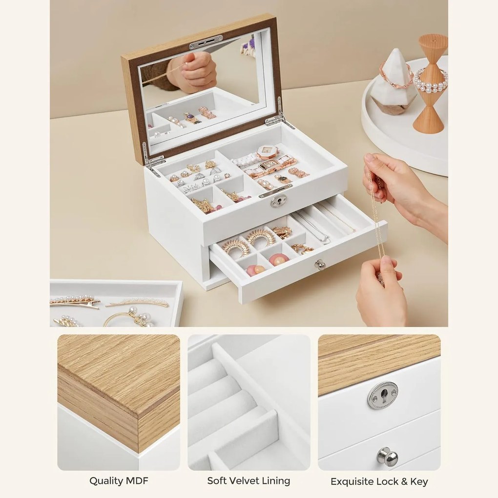 Šperkovnica 3-zásuvková so zamatovou podšívkou, biela