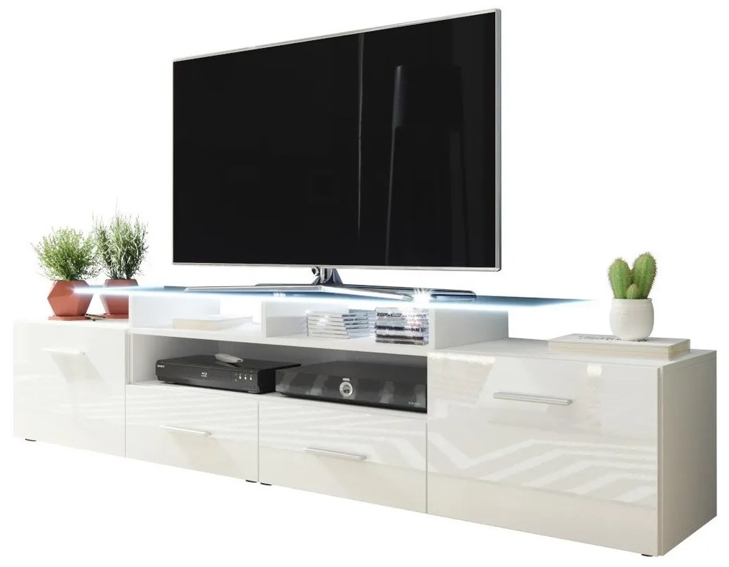 TV stolík/skrinka Cassandra, Osvetlenie: osvetlenie LED biele, Farby: Čierna + Sivý lesk