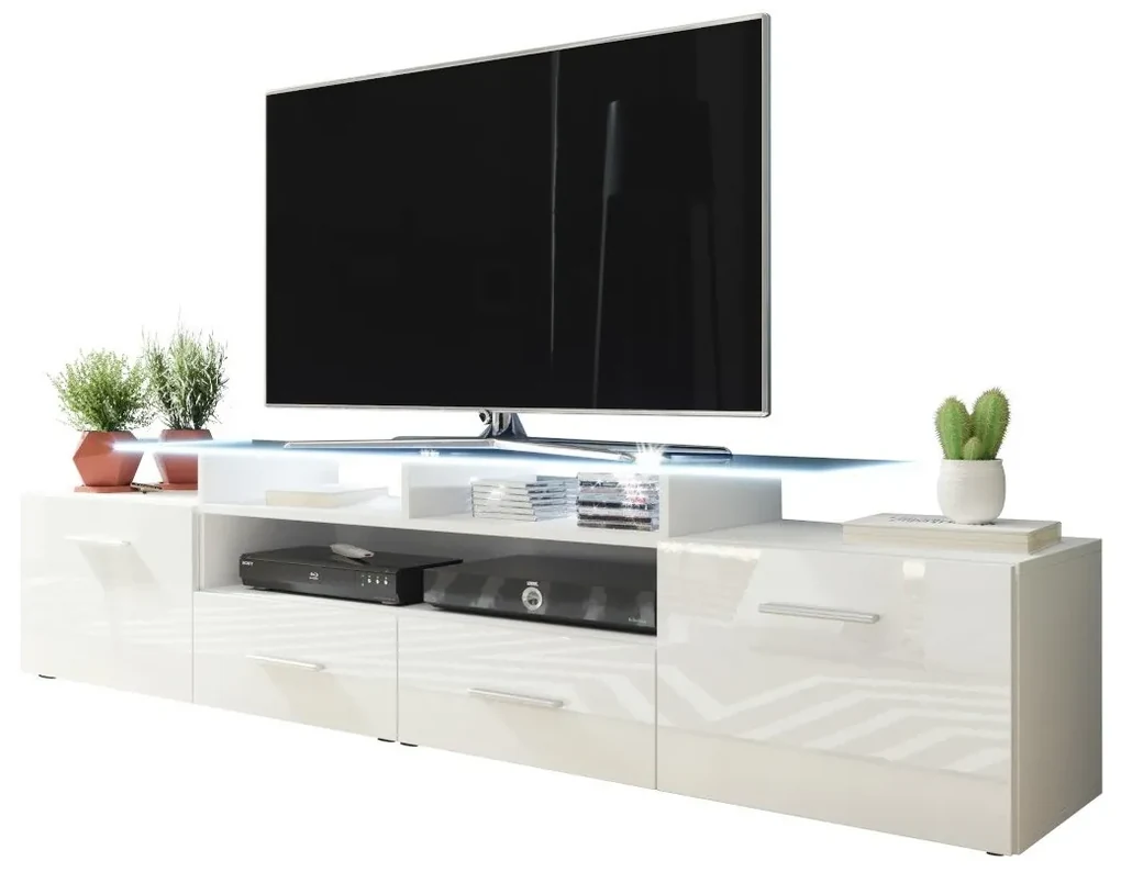 TV stolík/skrinka Cassandra, Osvetlenie: osvetlenie LED biele, Farby: Slivka + Čierny lesk
