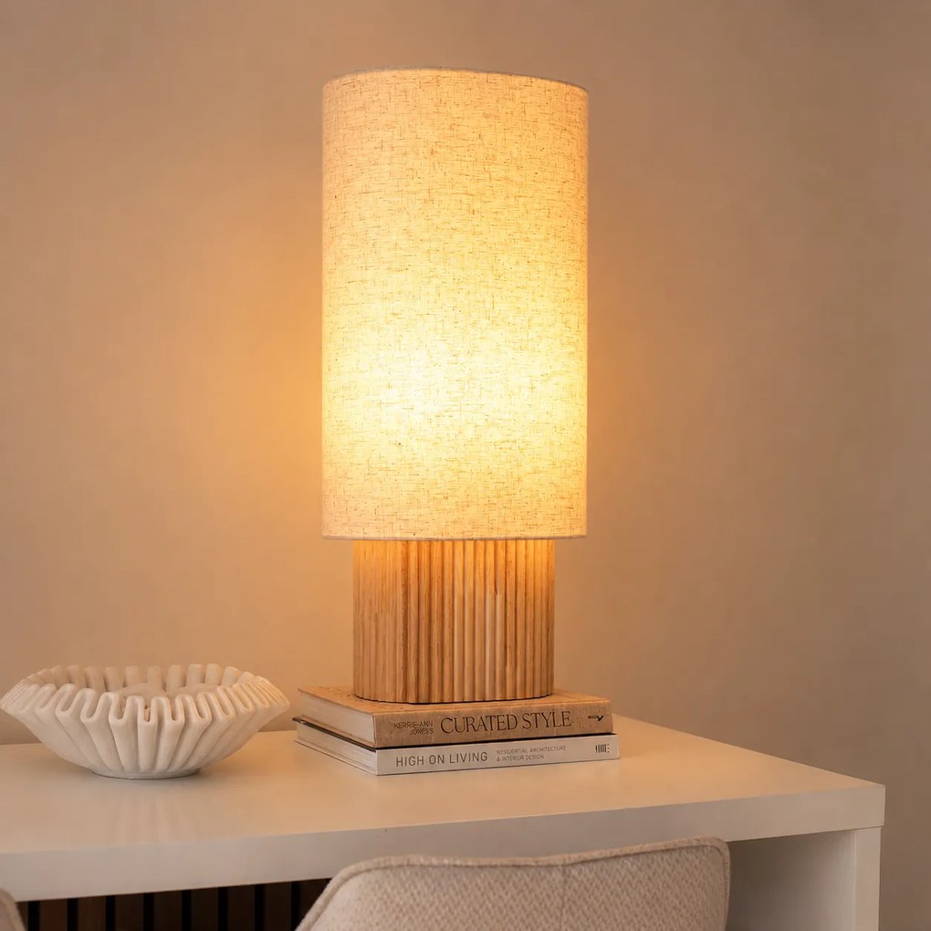 Japandi stolná lampa drevená s ľanovým tienidlom 70cm - Lamel