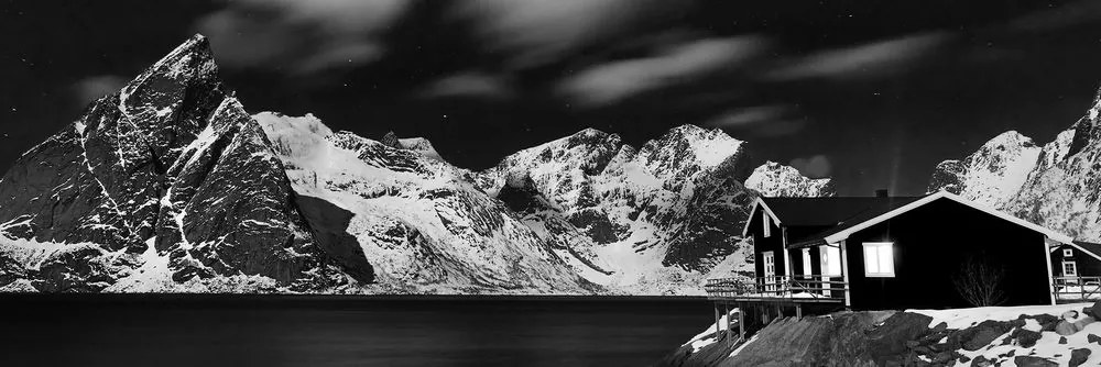 Obraz nočná krajina v Nórsku v čiernobielom prevedení - 120x40