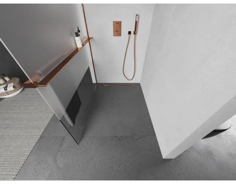 Mexen Kioto, sprchová zástena s poličkou a držiakom na uteráky 80 x 200 cm, 8mm číre sklo - námraza, profil ružové zlato, 800-080-121-60-35