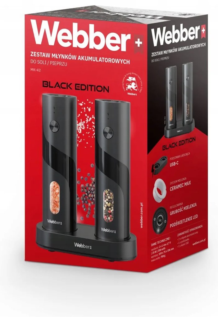 WEBBER Elektrický mlynček na soľ a korenie - dobíjateľný, USB