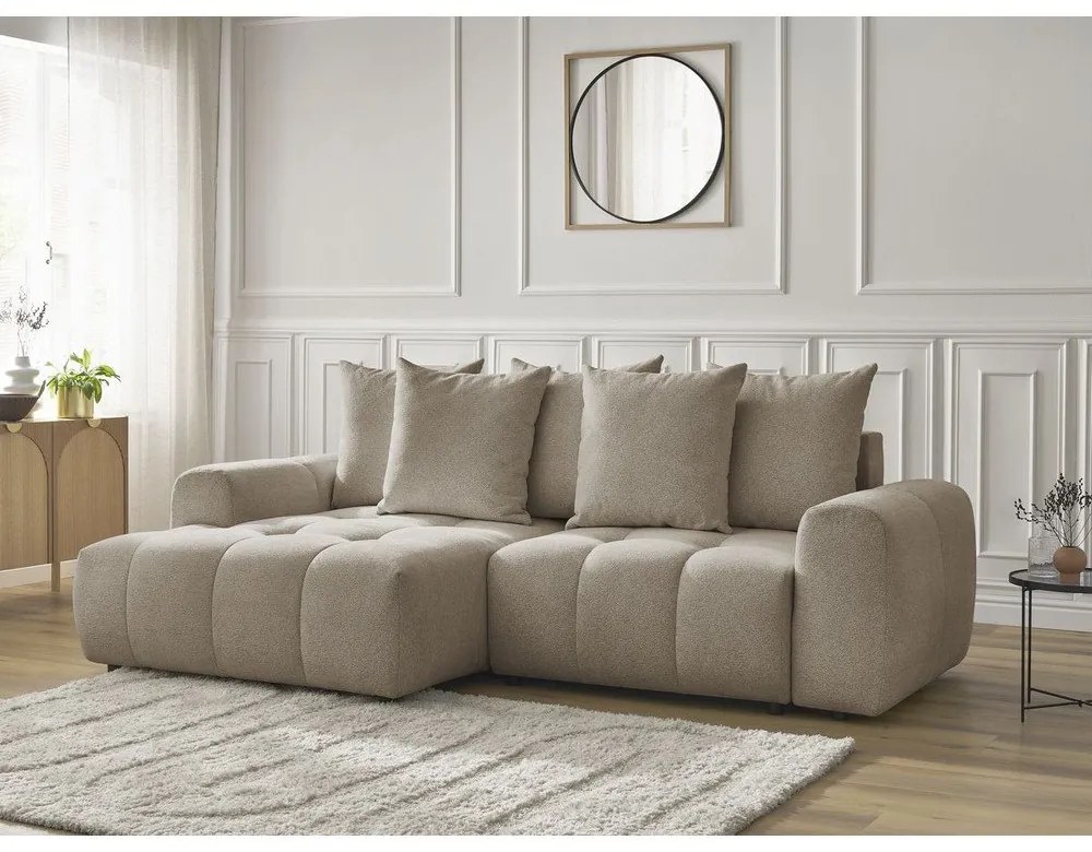 Béžová ženilková rozkladacia/s úložným priestorom rohová pohovka (ľavý roh/s leňoškou) Roxelane – Bobochic Paris