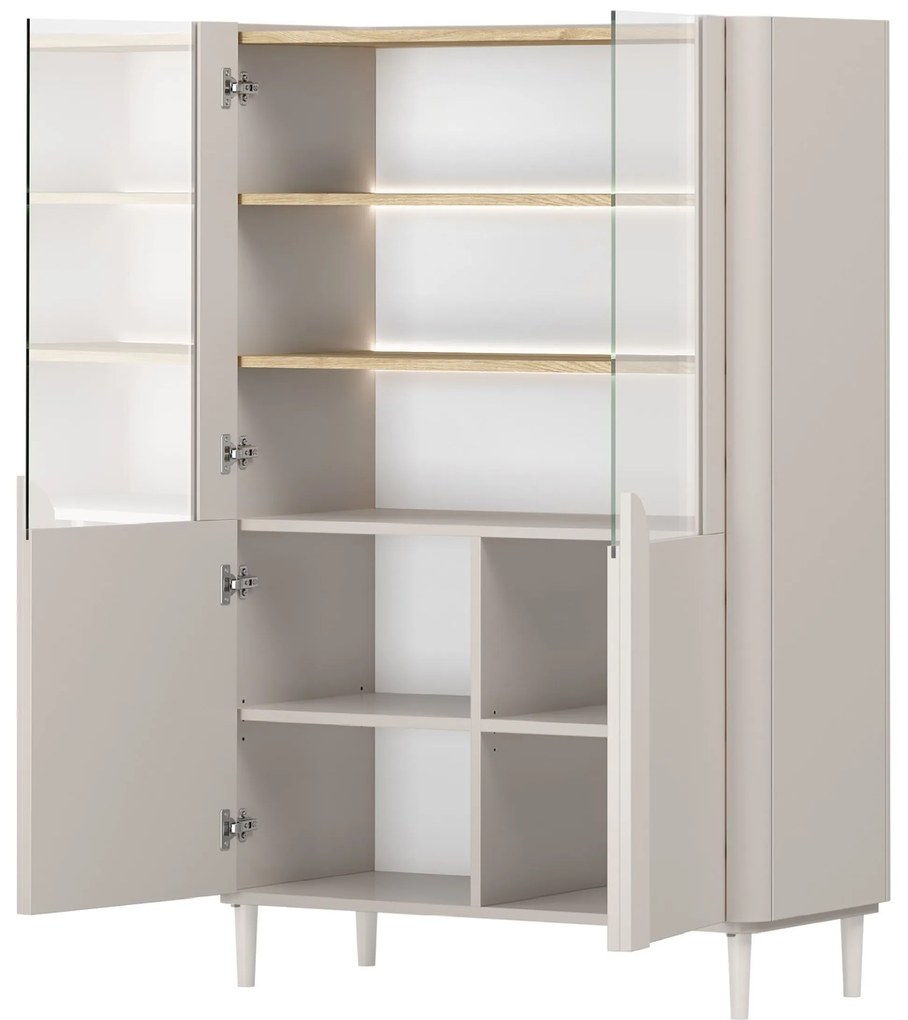 Vitrína Amilio 100 cm dvojdverová na nožičkách - kašmír / olejovaný dub / úchyty kašmír