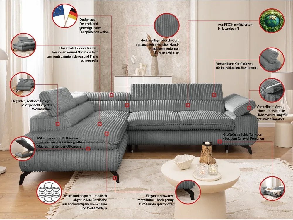 Sivá menčestrová rohová pohovka (ľavý roh/do L) Marbeya – Ropez