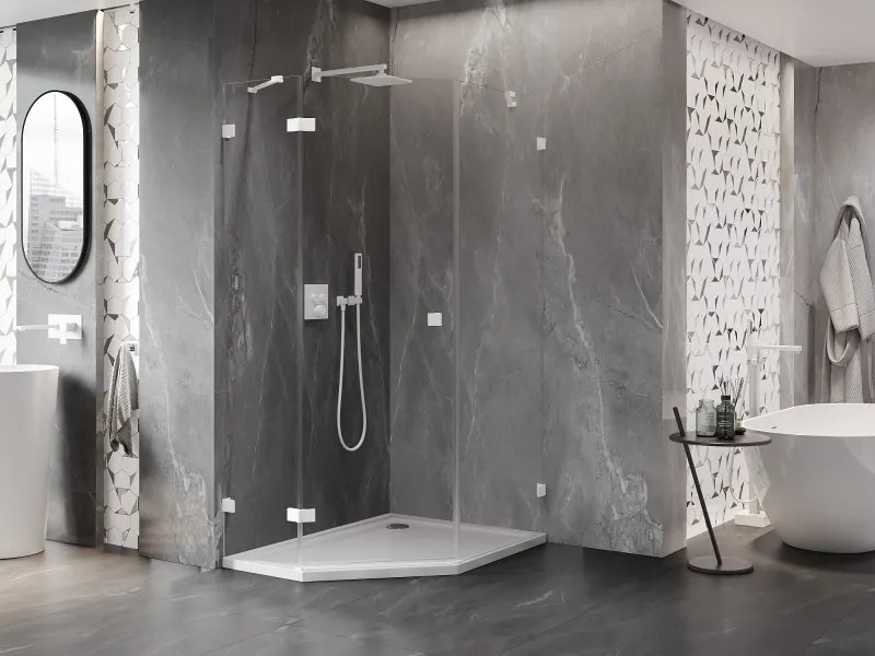 Mexen Lunar, Päťuholníkový sprchový kút Mexen Lunar s výklopným ľavým oknom 80 x 90 cm, 8mm číre sklo, biely profil, 831-080L-090P-01-20-L