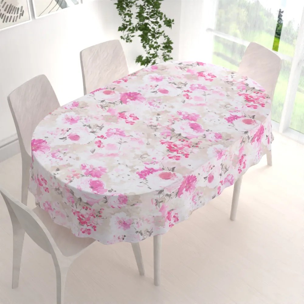 Biante Dekoračný oválny obrus PM-030 Ružové maľované kvety 140x220 cm