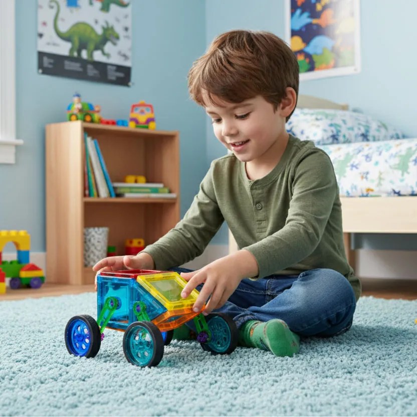 MULTISTORE Magnetické stavebné kocky 48 ks – stavebnica 2D/3D s kolieskami a šablónami, pre deti 3+