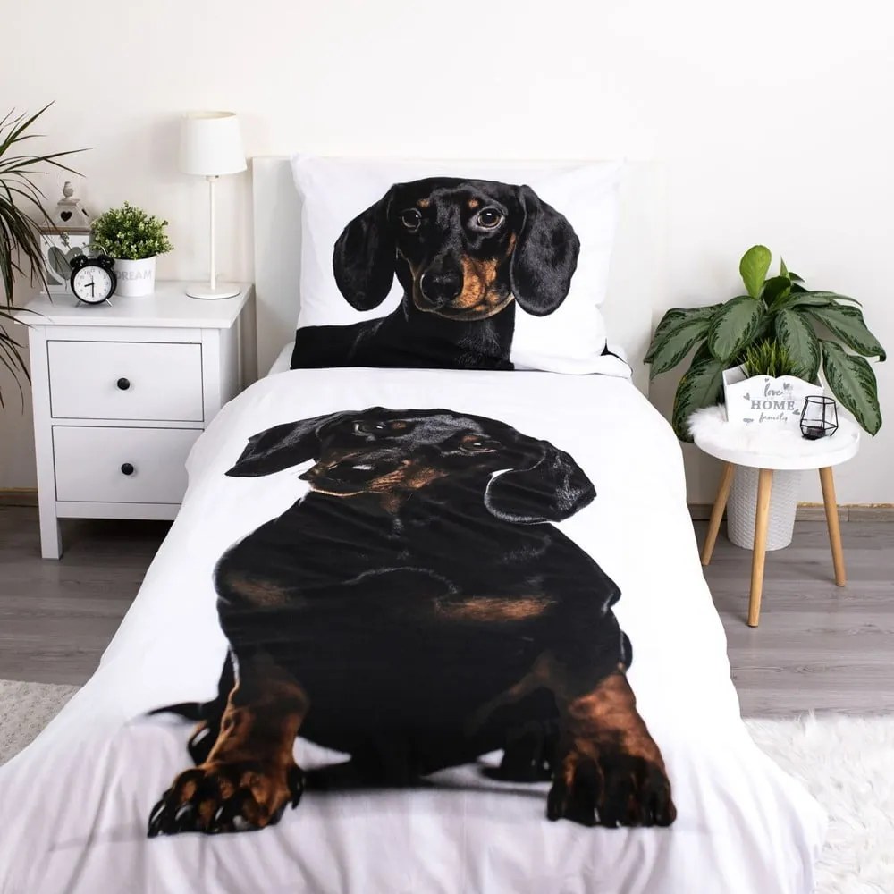 Čierno-biele bavlnené detské obliečky na jednolôžko 140x200 cm Dachshund – Jerry Fabrics