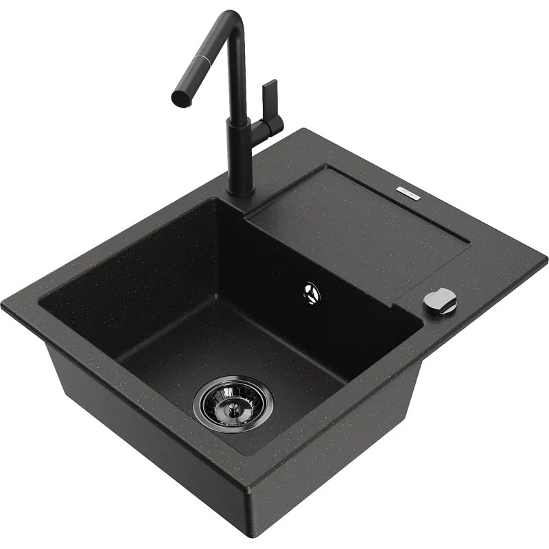 Mexen Enzo, 1-komorový granitový drez 576x465x174 mm a drezová batéria Flora, čierna-zlatá metalíza, 6506-75-670401-70-B