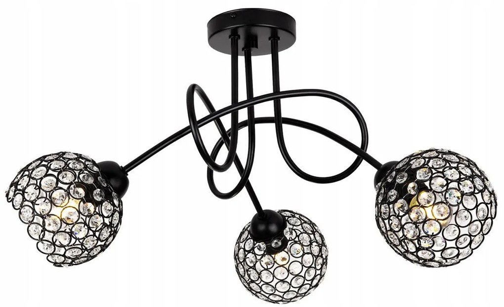 Stropné svietidlo Crystal, 3x čierne krištáľové tienidlo, b