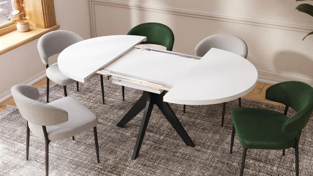 RENZO Biely/čierna noha - OKRÚHLY STÔL Ø110 ROZKLADACÍ DO 180 cm | DO KUCHYNE JEDÁLNE OBÝVAČKY RETRO